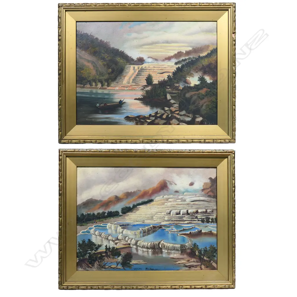 A pair of colonial New Zealand oils on canvas Pink & White Terraces, Image 1++